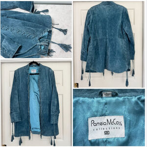 Pamela McCoy Suede Leather Jacket with Fringe Tassels, Size L Teal Blue